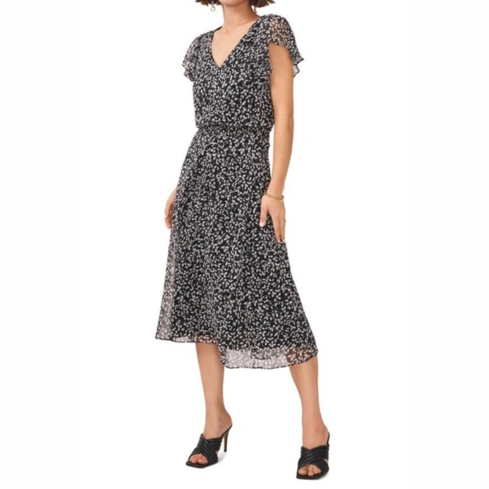 Vince Camuto Smocked Waist Flutter Sleeve Midi Dress In Rich Black Size …